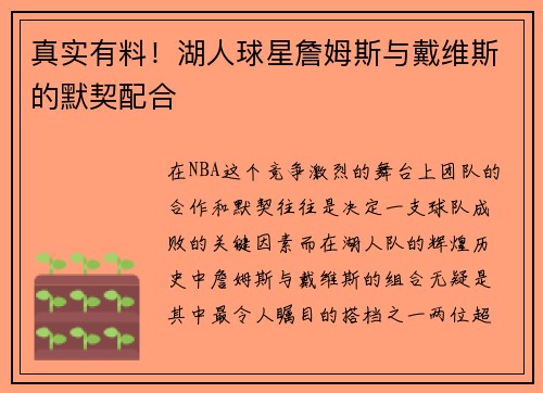 真实有料!湖人球星詹姆斯与戴维斯的默契配合